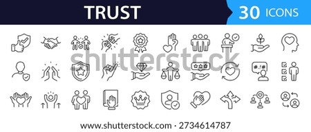 Trust Web Icon Set in Linear Style. Collection of trustworthy, line icons, including trustworthy, credibility, confidence, integrity, confidence, promise, loyalty, honesty and more. Editable stroke