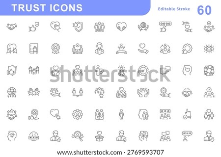 Trust web icons in line style. Containing confidence, credibility, promise, trustworthy, friends, truth, faith, sincerity and honesty. Integrity, reliability, empathy, trust related icon. Vector