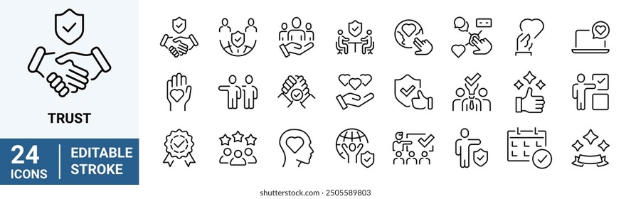 Trust web line icons. Integrity, confidence, reliability, credibility, empathy, friends collection. Vector illustration.