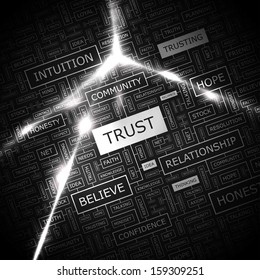 TRUST. Word cloud concept illustration. Graphic tag collection. Wordcloud collage with related tags and terms. 