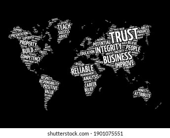 TRUST word cloud in shape of world map, business concept background