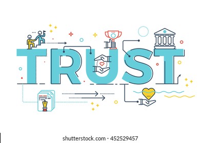 Trust word lettering typography design illustration with line icons and ornaments in blue theme