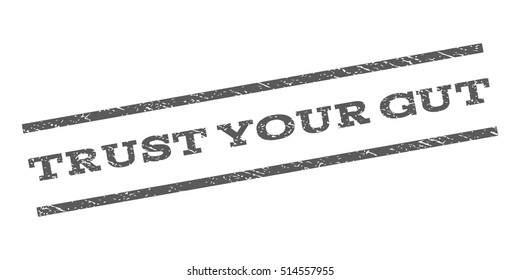 Trust Your Gut watermark stamp. Text caption between parallel lines with grunge design style. Rubber seal stamp with scratched texture. Vector grey color ink imprint on a white background.