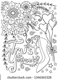 Trust Yourself font with flower and high-heeled shoes elements. Hand drawn with inspiration word. Doodles art for Valentine's day or greeting card. Coloring for adult and kids. Vector Illustration