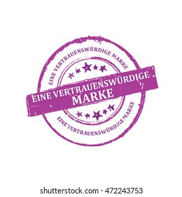 Trusted Brand (Text in German language) - purple grunge stamp / sticker / label for retail industry. Grunge layer is applied exactly on the colored stamp.