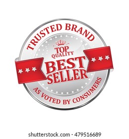 Trusted brand, as voted by consumers, best seller, top quality - shiny luxurious metallic red icon / ribbon for retailers