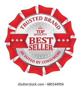 Trusted brand, as voted by consumers, best seller, top quality - shiny luxurious metallic red icon / ribbon for retailers