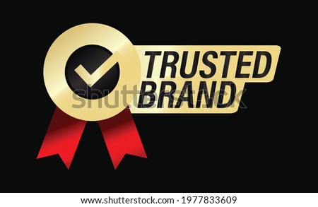 'trusted brand'premium quality golden vector icon with tick mark and ribbons isolated on dark background'trusted brand'premium quality golden vector icon with tick mark and ribbons isolated on dark background