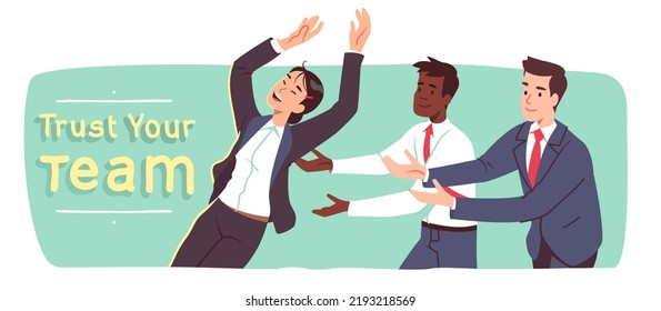 Trusted Business Men Catching Falling Colleague Woman. Supportive Team Coworker Persons Cooperating Together Helping Each Other. Teamwork, Trust, Support Environment Concept Flat Vector Illustration