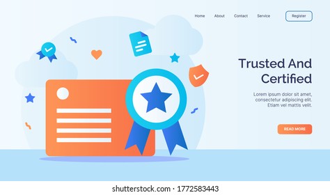 trusted and certified license certificate icon campaign for web website home page landing template with cartoon style.