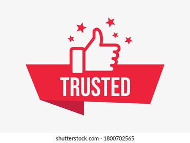 Trusted label icon. Vector illustration. Red vector banner with thumbs up and stars. 