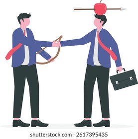 Trusted partner, believe and confidence in strong business relation, collaboration or trust alliance concept, businessmen shaking hands agreement after finished danger risky apple shot archery show.

