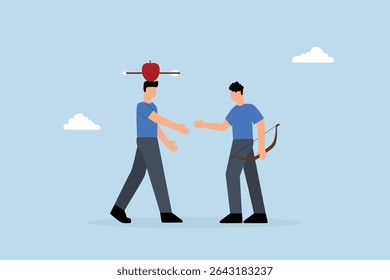Trusted partner, businessmen agreeing after risky archery apple shot display through handshake.
