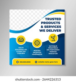 trusted products and services we deliver social media post or web banner with blue gradient and yellow colors template, Smart brand products service on square layout.