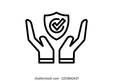 Ilustración de icono de seguridad de confianza. icono de mano con el escudo. icono relacionado con la seguridad. Estilo de icono de línea. Diseño de vector simple editable