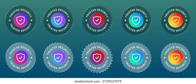 Seguridad de confianza. Conjunto de insignias, iconos, sellos con estilo de vidrio líquido.