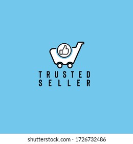 Trusted seller icon vector design with pushcart or trolley and  thumbs up icon isolated on dark background fit for your shopping website or marketplace shopping icon