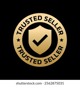 Trusted Seller logo, label, badge, sticker, symbol, emblem, stamp, banner, shield, mark, circle, black, line, flat vector, isolated illustration. Trusted Seller label for product packaging design.