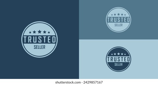 Ilustración de sello vectorial de goma de vendedor confiable en color azul suave presentado con múltiples colores de fondo azul. El logotipo es adecuado para plantillas de inspiración de diseño de logotipo de negocios de comercio.