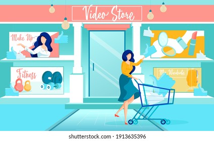 Trusted Store on Popular Video-Sharing Platform. Fitness, Makeup, and Wardrobe Channel. Woman Blogger Influencing Subscriber Opinion, Advertising Product, and Receiving Thumb Up from Viewer.