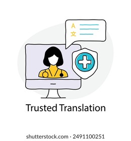 Trusted Translate Icon for Telehealth Services hand drawn with editable stroke.