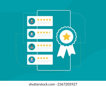 Trusted user reviews business concept. Customer satisfaction with verified user rating and real feedbacks and review. Vector illustration isolated on green background with icons