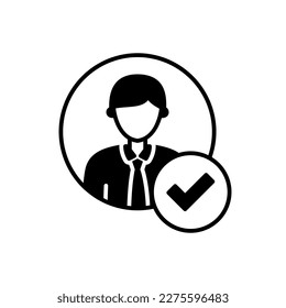 Trusted and verified account icon with a check mark in the avatar section in black solid style