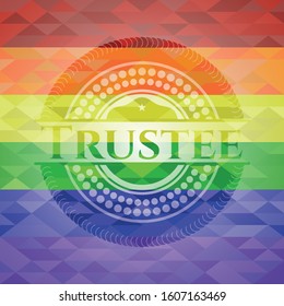 Trustee emblem on mosaic background with the colors of the LGBT flag