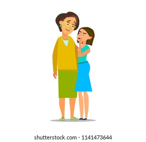 Trusting daughter telling secrets in mom ear standing next to her..Vector illustration in cartoon style.
