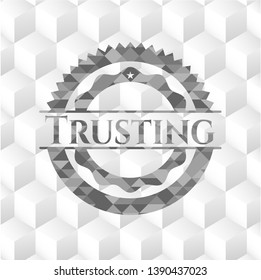 Trusting grey badge with geometric cube white background