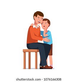 Trusting son telling secrets in father ear standing next to him. Smiling exited father listens to gossip whisper. Standing kid speaking in sitting adult man ear. Flat vector character illustration