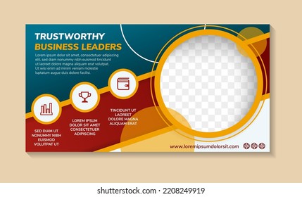 trustworthy Business leaders horizontal banner template design. Modern flyer design with blue background and yellow, red and white on elements shape. Usable for banner, cover, brochure and header.