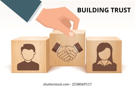 Trustworthy concept building trust values a hand build stack block corporate partner