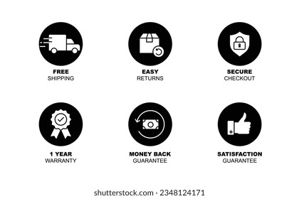 Conceptos de comercio electrónico fiables: Envío gratuito, retornos fáciles, garantía de devolución de dinero, garantía de satisfacción, pago seguro y garantía.