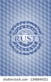 Trusty blue emblem or badge with abstract geometric pattern background.