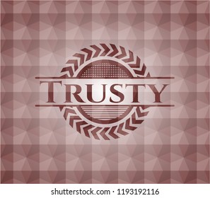 Trusty red emblem with geometric background.  