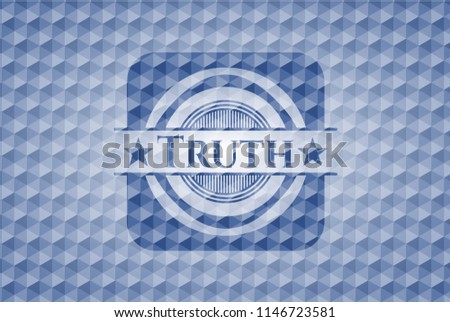Truth blue badge with geometric pattern background.