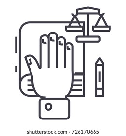 truth concept,hand on book, bibile,small scales vector line icon, sign, illustration on background, editable strokes