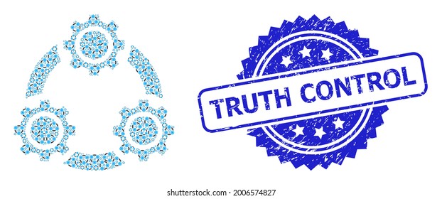 Truth Control scratched stamp seal and vector fractal composition gear planetary transmission. Blue stamp seal has Truth Control tag inside rosette.
