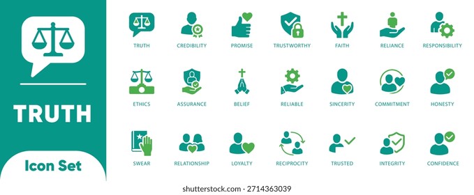 Truth and ethics vectors. Features scales, shield, oath, and promise icons. Ideal for legal UI, corporate compliance, and HR training.