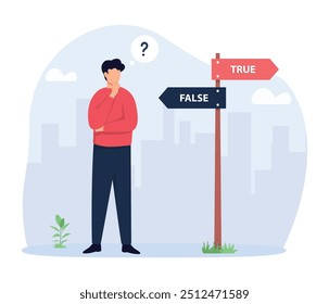 Truth or false concept illustration. A man thinking or comparing between truth and false. Vector Illustration.