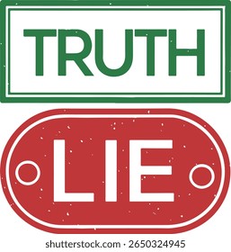 Truth and Lie Stamp Icons, green TRUTH circle and red LIE rectangle, contrasting labels for credibility or statement validation design