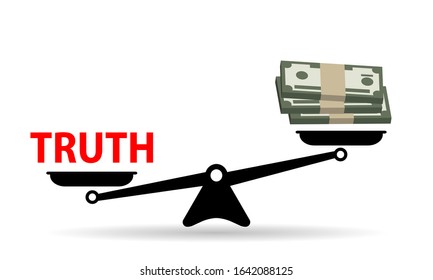 truth and money stack on scales, vector illustration 