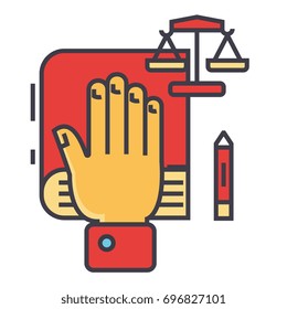 Truth, oath, hand on book, bible, small scales, law and justice, constitution concept. Line vector icon. Editable stroke. Flat linear illustration isolated on white background