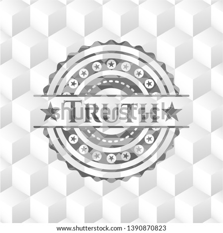 Truth retro style grey emblem with geometric cube white background