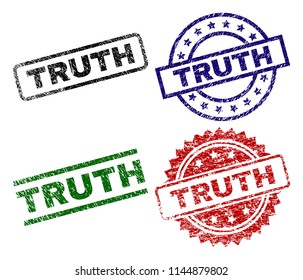 TRUTH seal stamps with corroded surface. Black, green,red,blue vector rubber prints of TRUTH text with corroded surface. Rubber seals with round, rectangle, rosette shapes.