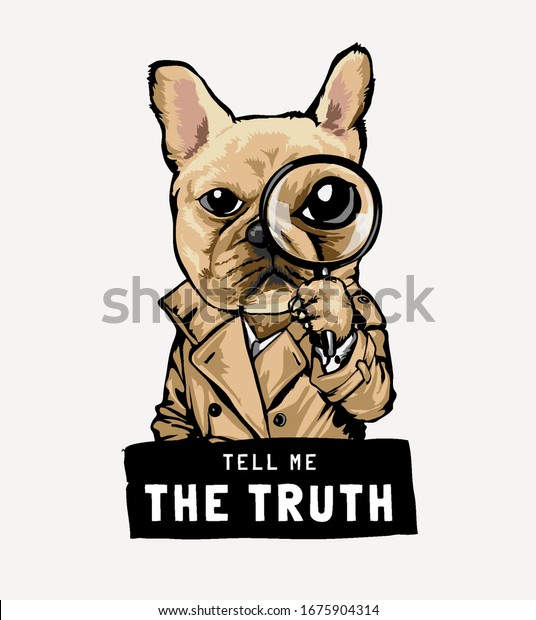 刑事衣装イラストの虫眼鏡をかけた漫画の犬を使った真実のスローガン のベクター画像素材 ロイヤリティフリー