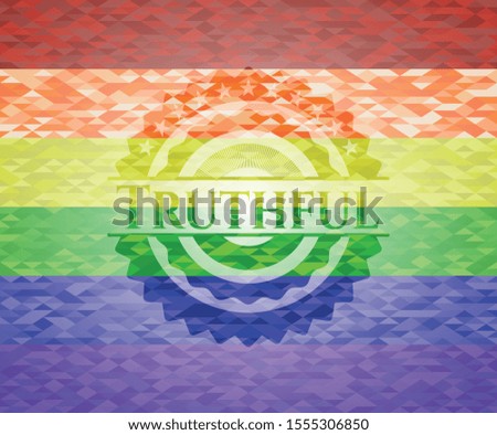 Truthful emblem on mosaic background with the colors of the LGBT flag