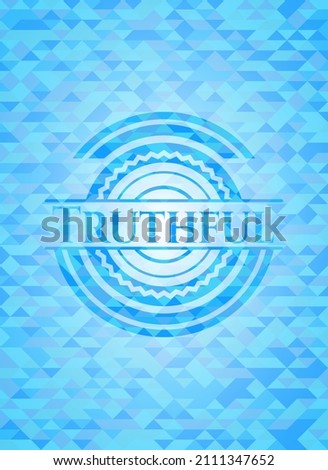 Truthful light blue emblem with mosaic background. 