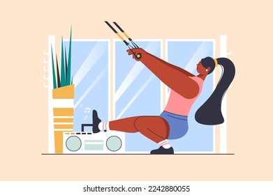 TRX training concept with people scene in flat design. Woman making fitness strength training workout and doing total resistance exercise at gym. Vector illustration with character situation for web